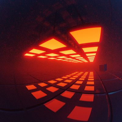 Dark hallway with glowing red geometric lights — photo by Yusuf P on Pexels
