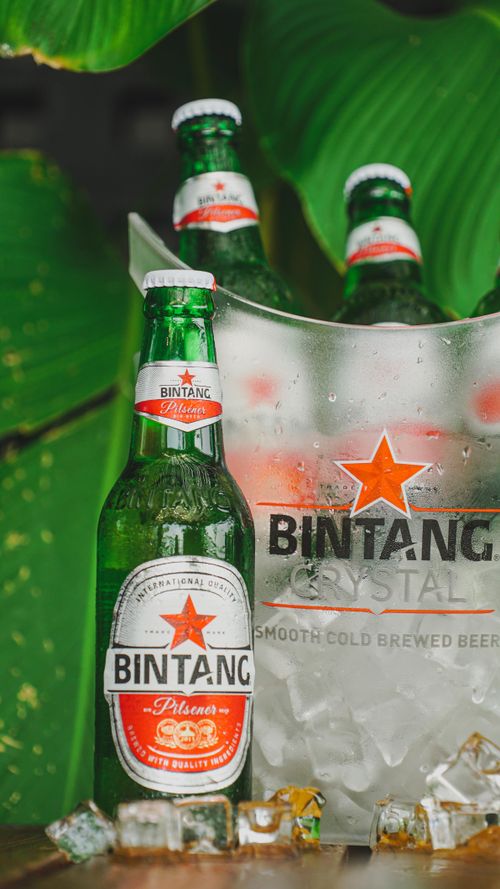 Free Close-up of chilled Bintang beer bottles in an ice bucket outdoors, perfect for summer refreshment. Stock Photo