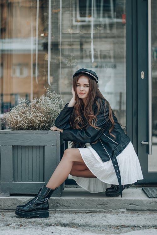 White dress clearance and leather jacket