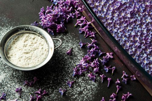 Free A flat lay of lilac flowers with flour and a sifter on a dark surface, creating a rustic culinary scene. Stock Photo