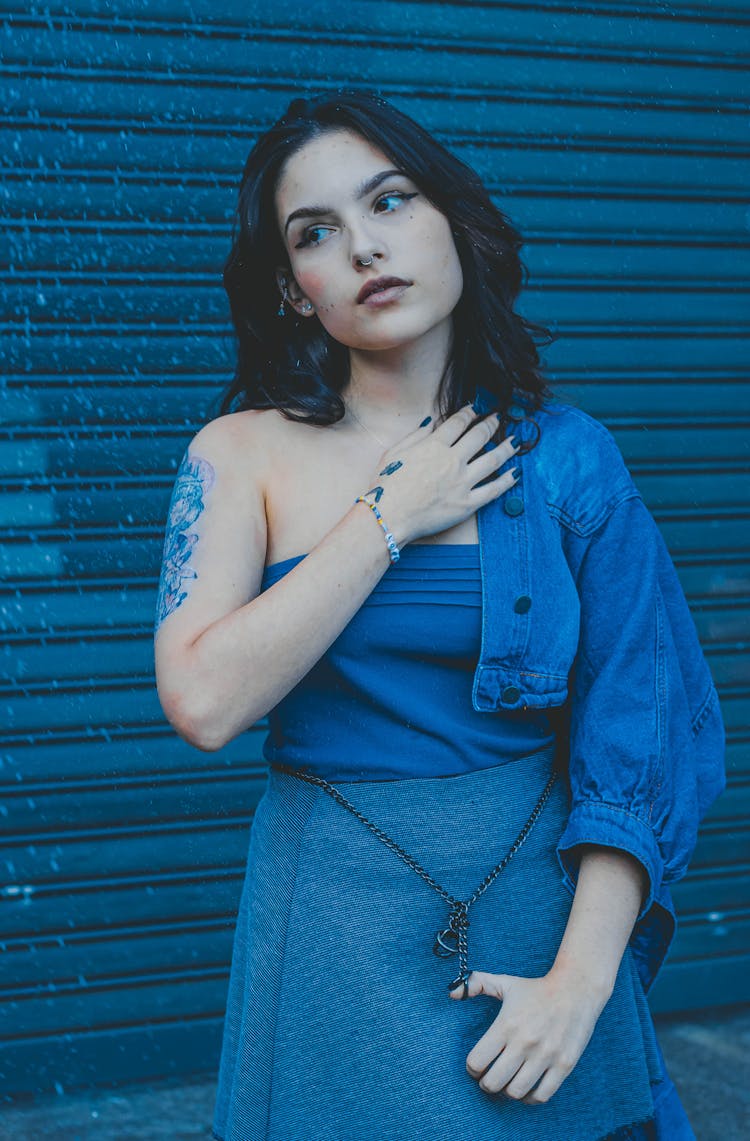 Woman In Blue Off Shoulder Dress And Crop Top Jacket 