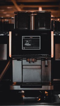 Close-up of a sleek coffee machine in a dimly lit cafe environment, capturing the essence of modern coffee making.