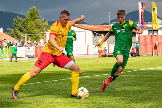 Soccer players in action during an intense match in Žilina, Slovakia.