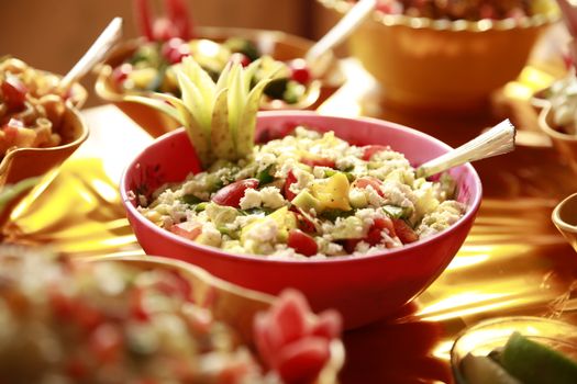 Fresh, colorful Indian salad with vegetables and paneer in a red bowl. Perfect for food photography.