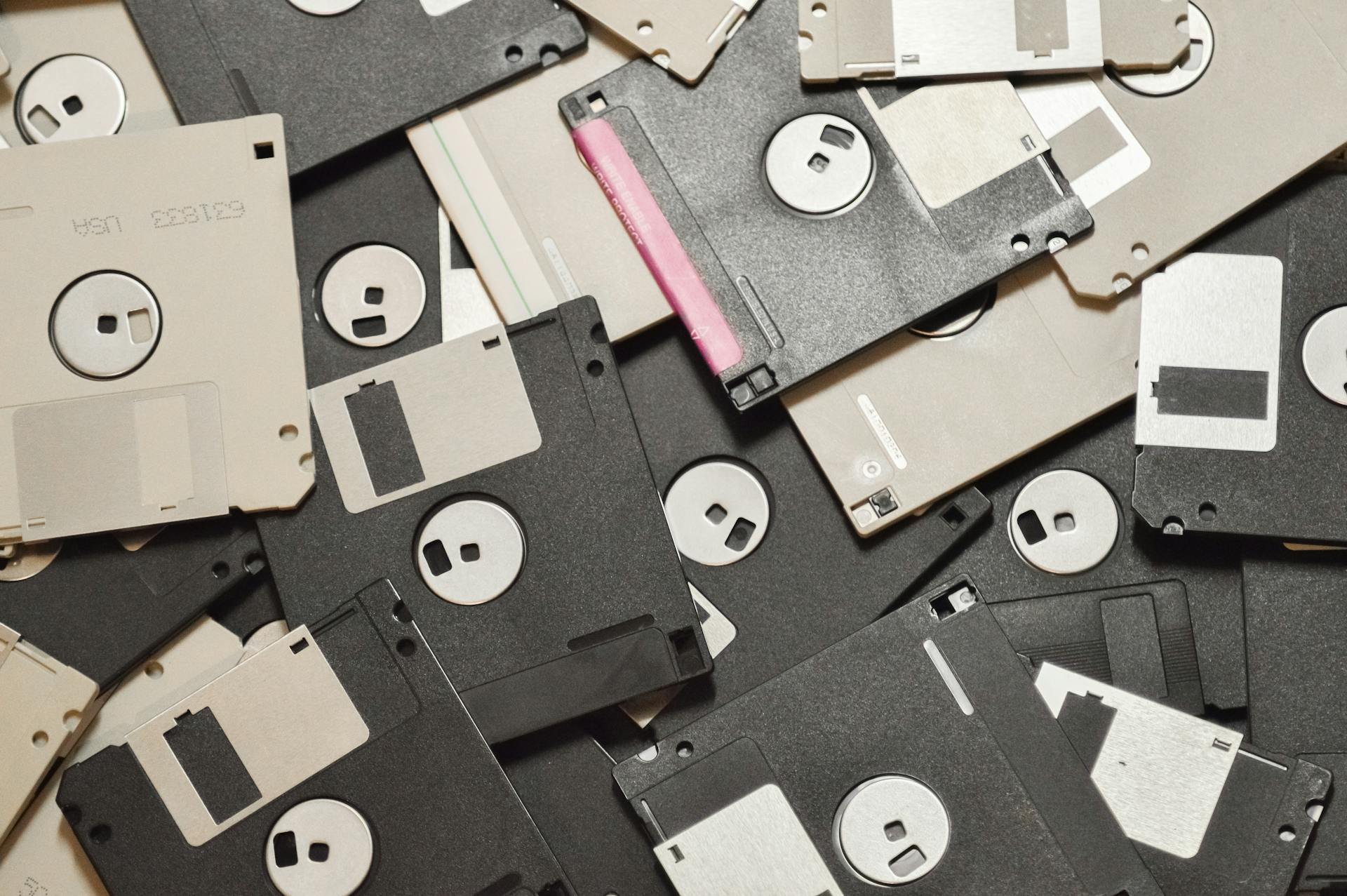 A collection of vintage floppy disks showcasing retro data storage technology.