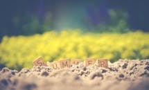 在模糊的沙地上拼出“夏天”一词，营造出温暖的氛围