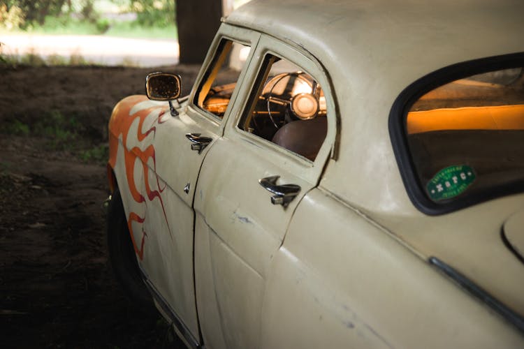 Side View Of White Vintage Car