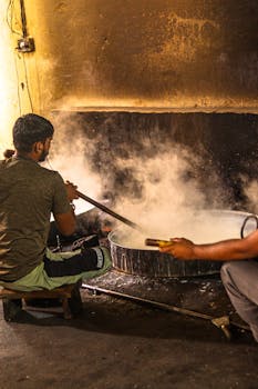 A man stirs a large, steaming cooking pan in a rustic indoor kitchen setting.