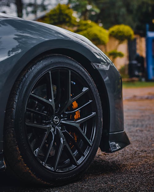 Close-up of Black Wheel of a Sports Car