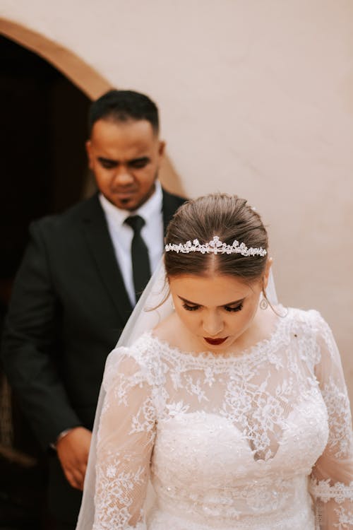 Bride with Red Lips Looking Down