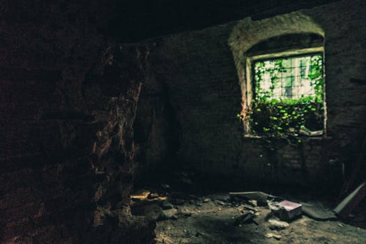一间黑暗、废弃的房间透着坚韧感，光线从杂草丛生的窗户投射进来