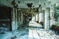 探索一座废弃建筑内部，阳光照亮了其怪异而腐烂的景象