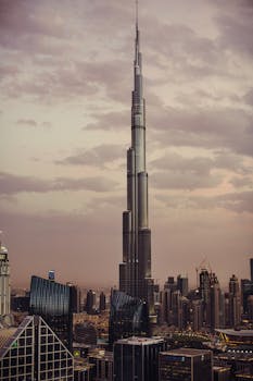 Stunning vertical shot of Burj Khalifa amidst the Dubai skyline at dusk, showcasing architectural beauty.