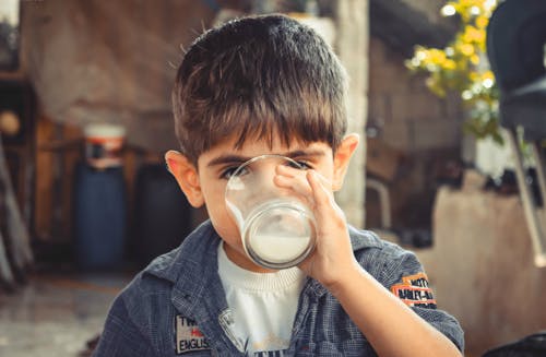 우유 한 잔을 마시는 소년의 사진