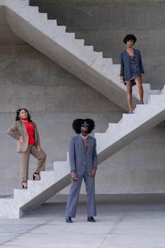 Three stylish people in modern outfits standing on geometric concrete stairs.