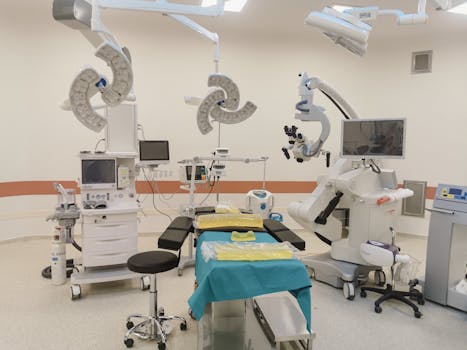 A state-of-the-art operating room fully equipped with advanced medical devices and surgical tools.