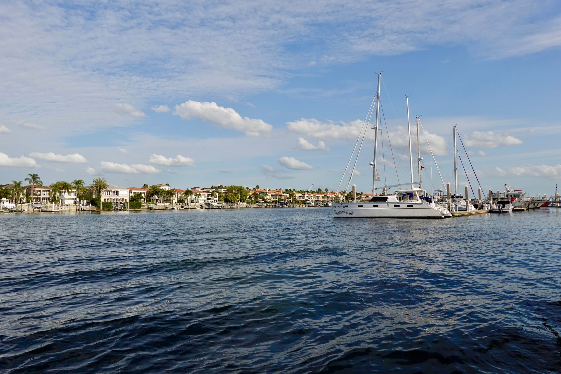Gorgeous view of sailboats docked in Tampa, Florida harbor on a sunny day.