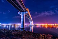 令人惊叹的夜间景观中，一座明亮的桥梁倒映在平静的水面上，共同构成了一处风景优美的城市度假胜地