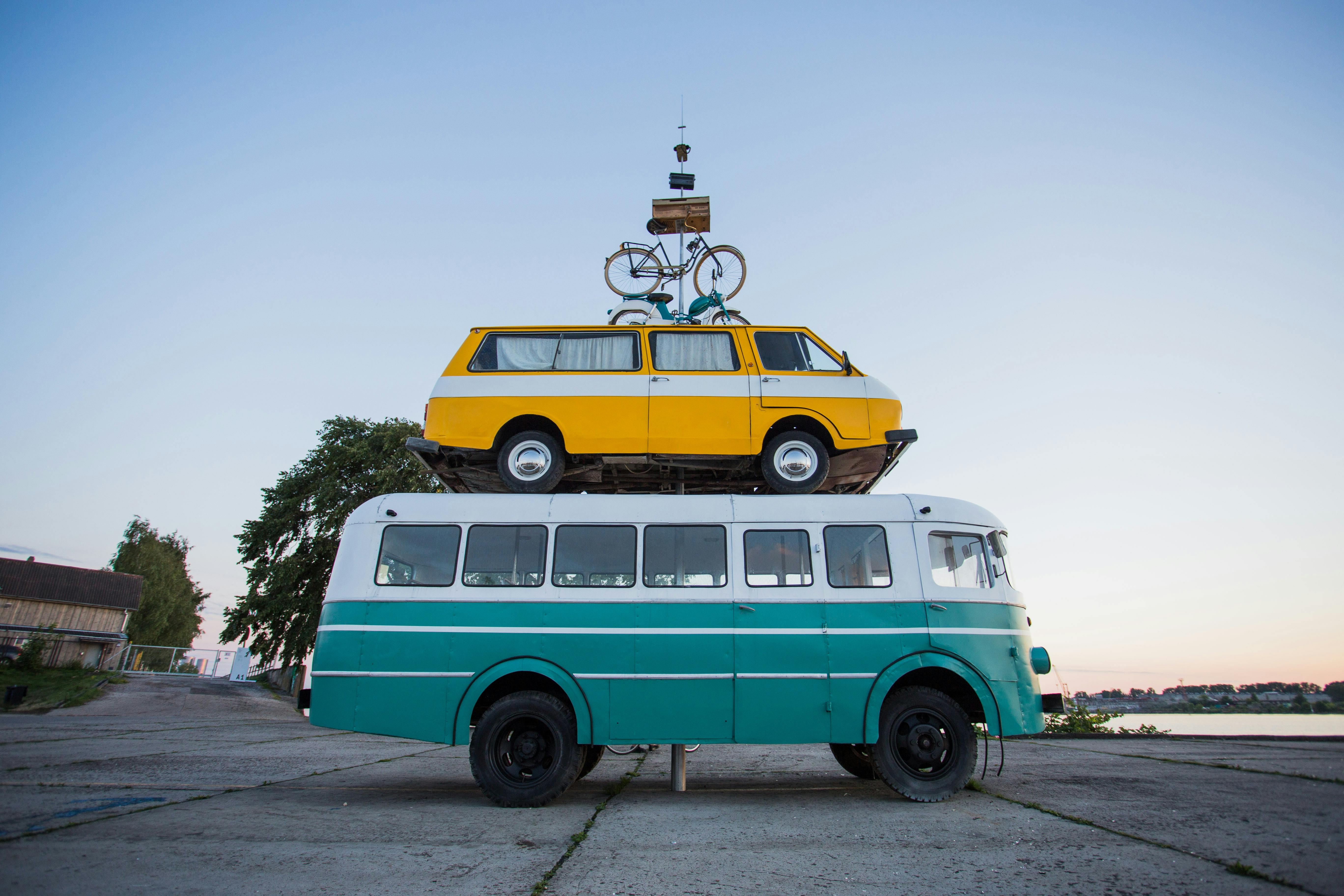 green and teal bus