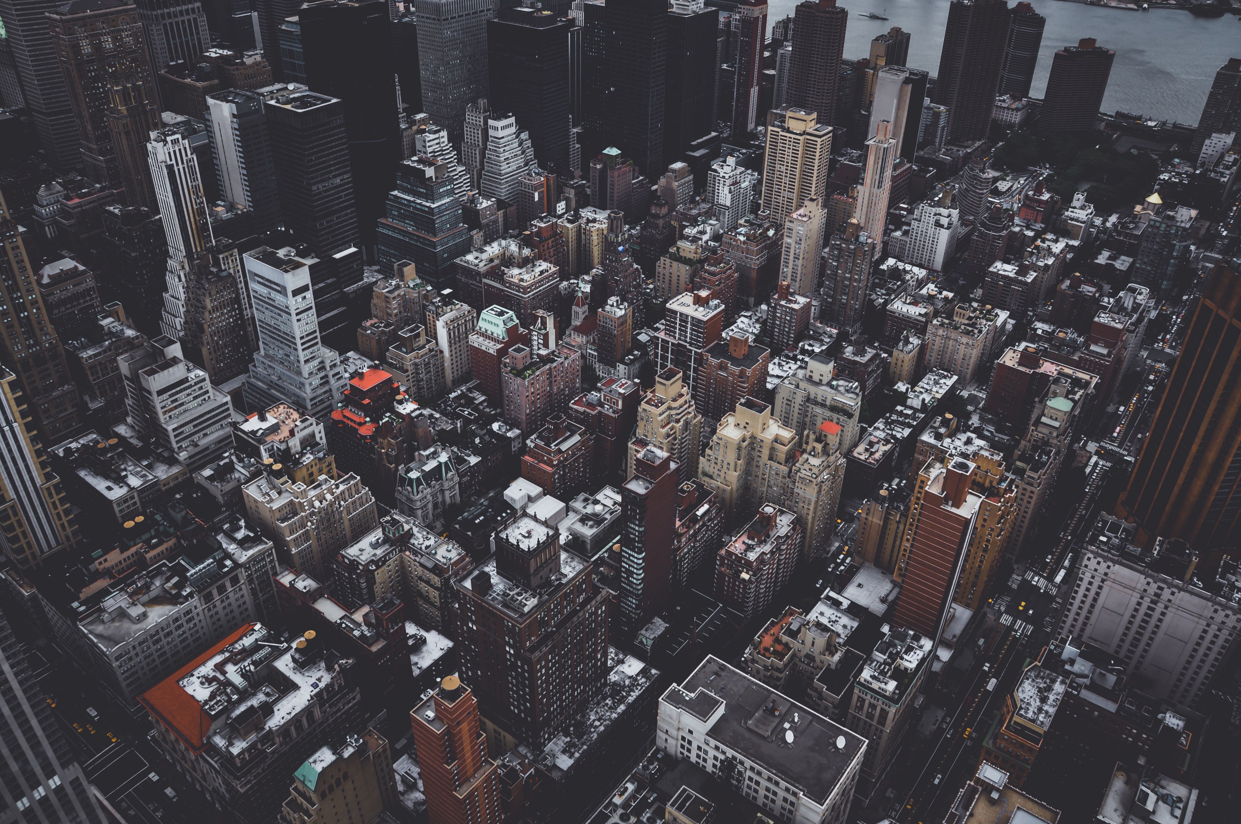 Stunning aerial photograph capturing Manhattan's skyscrapers under a wintery sky.