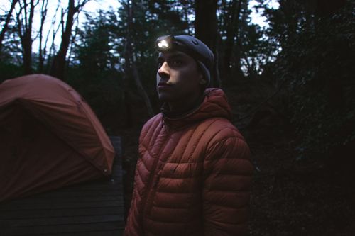 Free A man with a headlamp in a forest at night, near a tent in Torres del Paine. Stock Photo
