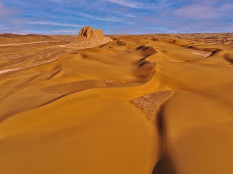 Sweeping view of golden desert dunes with a clear blue sky, showcasing the arid landscape's beauty.
