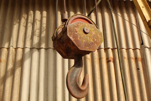 Close-up of a rusty industrial hook and pulley system on corrugated iron sheets.