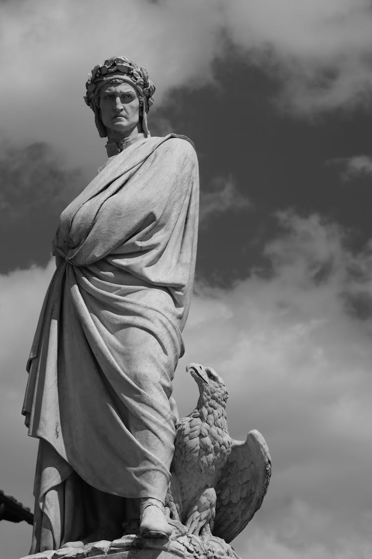 Grayscale Photo Of The Statue Of Dante Allighieri In Florence, Tuscany, Italy 