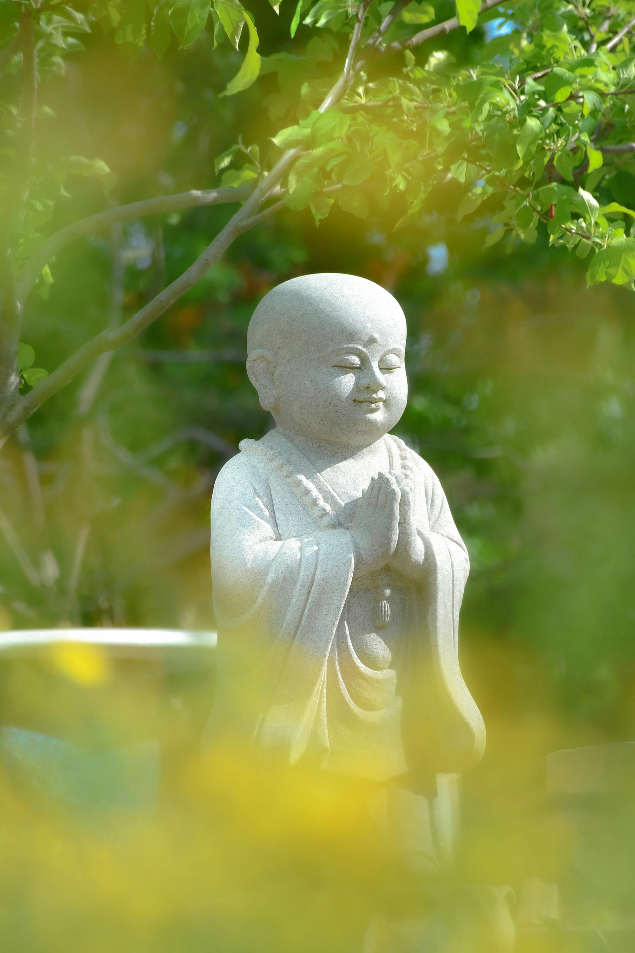 A tranquil Buddha statue amidst lush garden greenery offering a peaceful vibe.