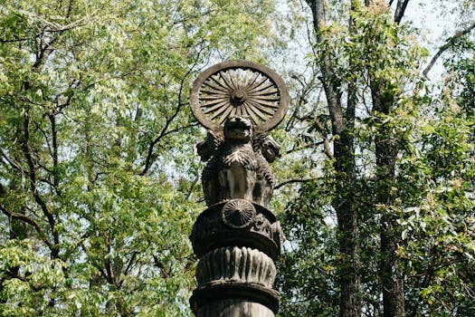 Ashoka Pillar in Sarnath amidst lush trees, a historical landmark in India.