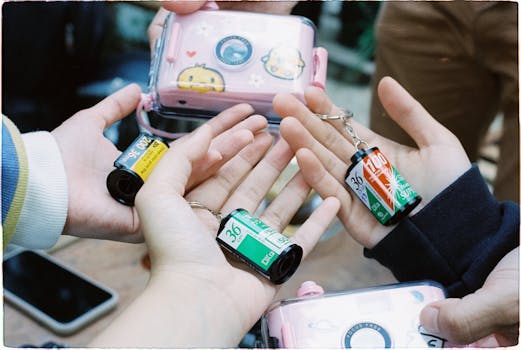A close-up of hands holding various film roll keychains with a playful camera case.