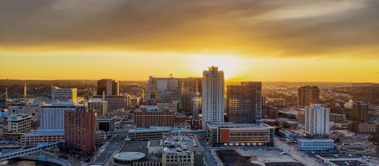 Panorama Of A City At Dusk 