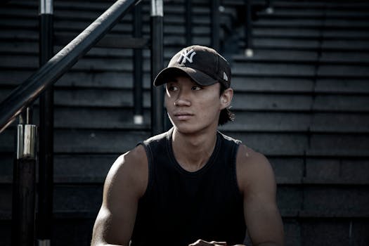 一个戴着纽约棒球帽的健康年轻人坐在城市台阶上，散发着现代又酷的氛围