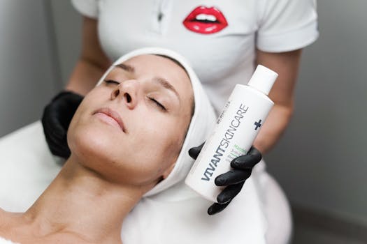 A woman enjoys a relaxing skincare treatment at a spa, showcasing a cosmetic product.
