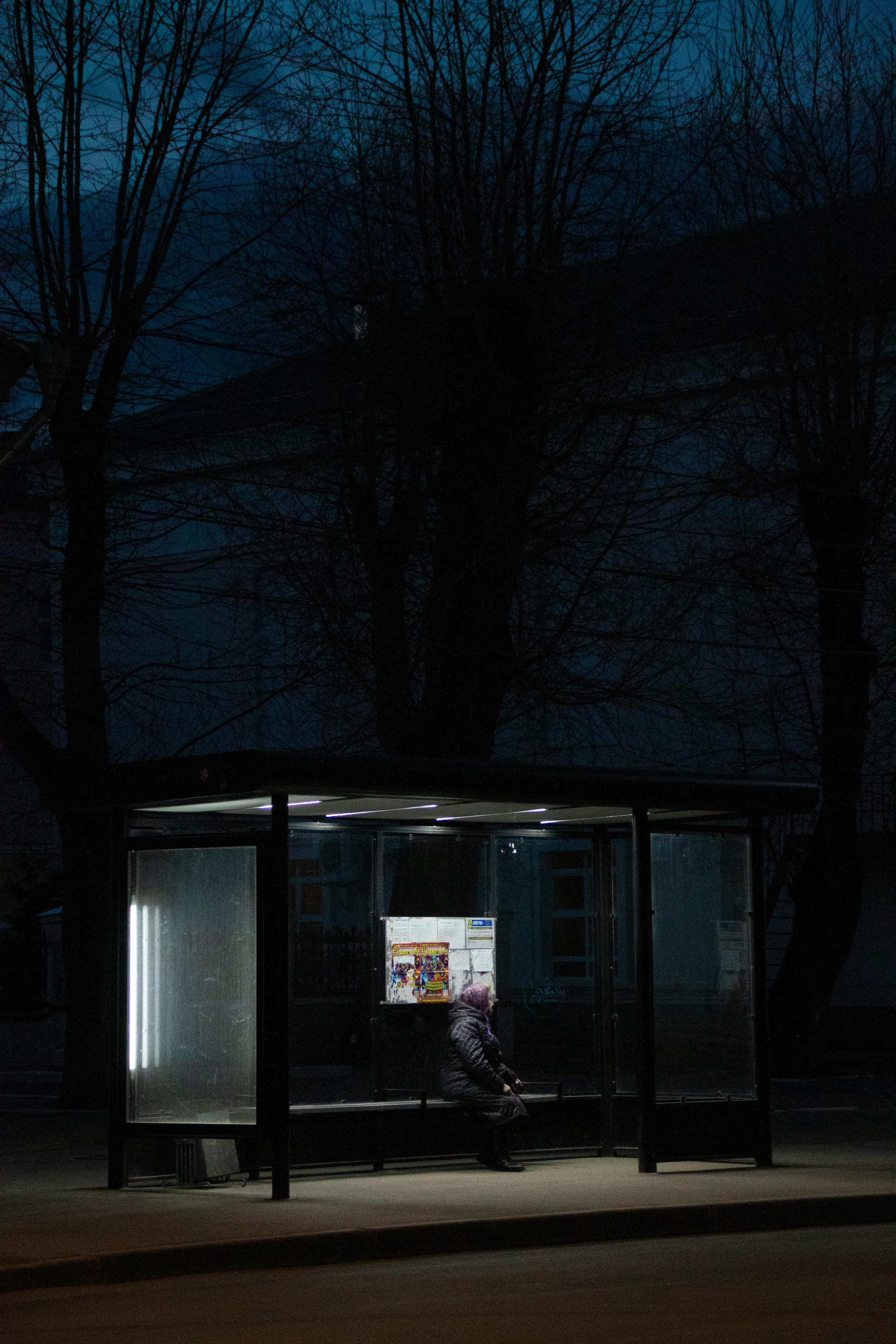 A person sitting alone at a bus stop under streetlights during nighttime, creating a moody scene.