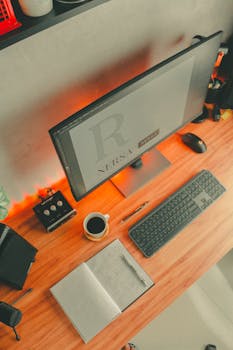 Top view of a stylish home office desk with coffee, computer, and accessories.