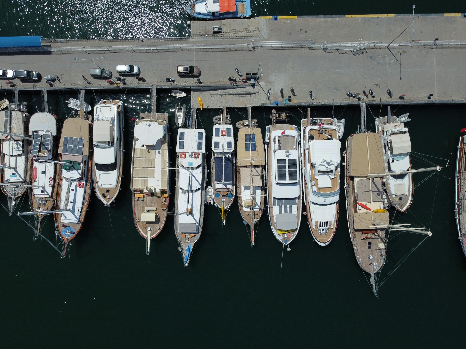 Drone shot capturing yachts docked at a marina in Turkey, showcasing a vibrant waterfront scene.