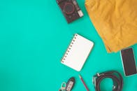 旅行必备的时尚平板，包括相机、笔记本电脑和智能手机