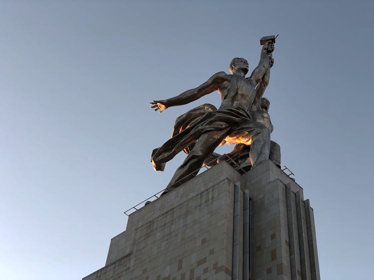 Low Angle Shot Of The Worker And Kolkhoz Woman Sculpture