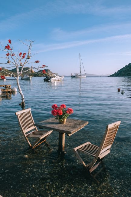 Idyllic seaside dining setup in Gümüşlük with flowers and yachts in view.