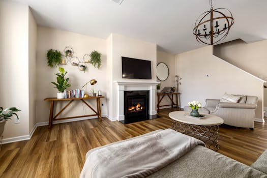 Contemporary living room featuring a cozy fireplace and stylish decor elements.