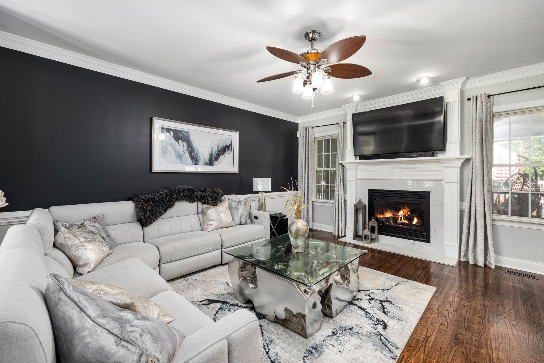 Finished fireplace in a warm living room