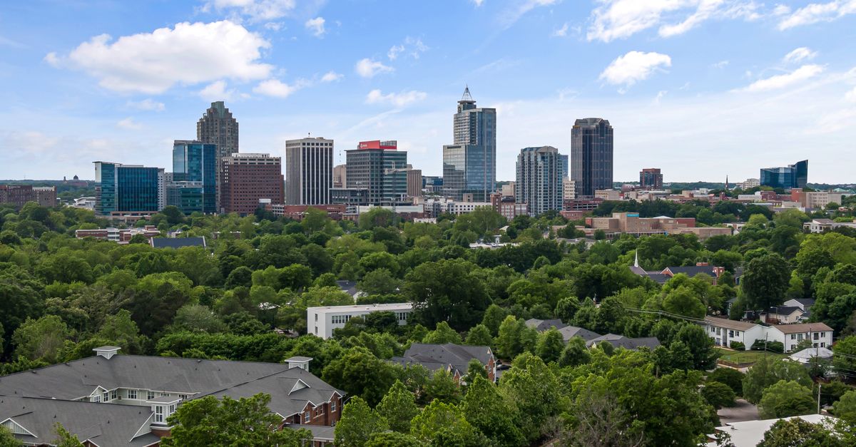 Aerial view of Raleigh's skyline with vibrant greenery in North Carolina, USA.
