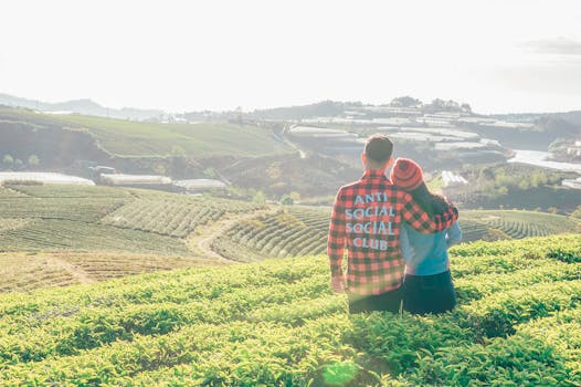 一对夫妇在晴朗的天空下，望着连绵起伏的绿色农田，相拥在一起