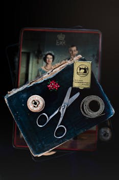 一个带有复古元素的缝纫工具包，里面配有剪刀、线和怀旧的装饰