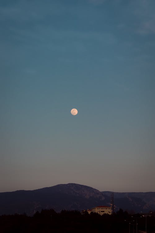 View of a Full Moon over Mountains at Sunset 