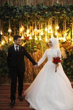 Bride and groom holding hands in lush indoor wedding setting with hanging lights.