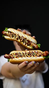 Close-up of two gourmet hotdogs with mustard and ketchup held forward for display.