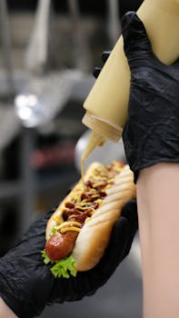 Delicious hot dog being topped with mustard and ketchup, perfect for fast food lovers.