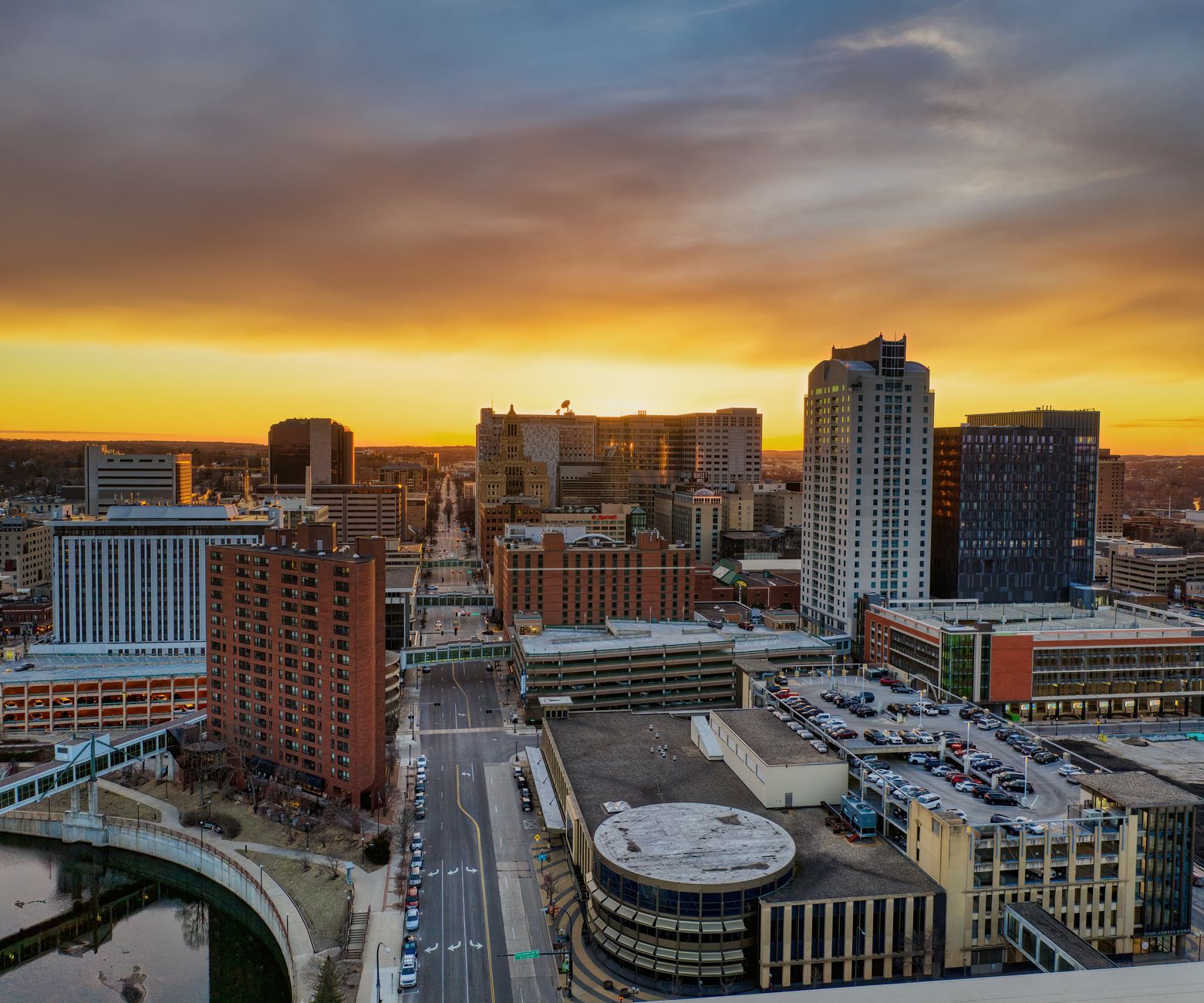 A stunning aerial view of Rochester, MN skyline at sunset capturing urban architecture.